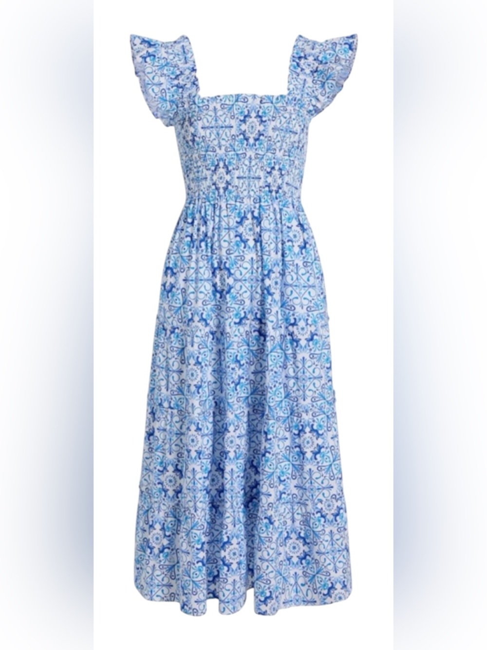 Hill House Home Blue Tile Print Smocked Midi Dress – Size Medium - Picture 12 of 16